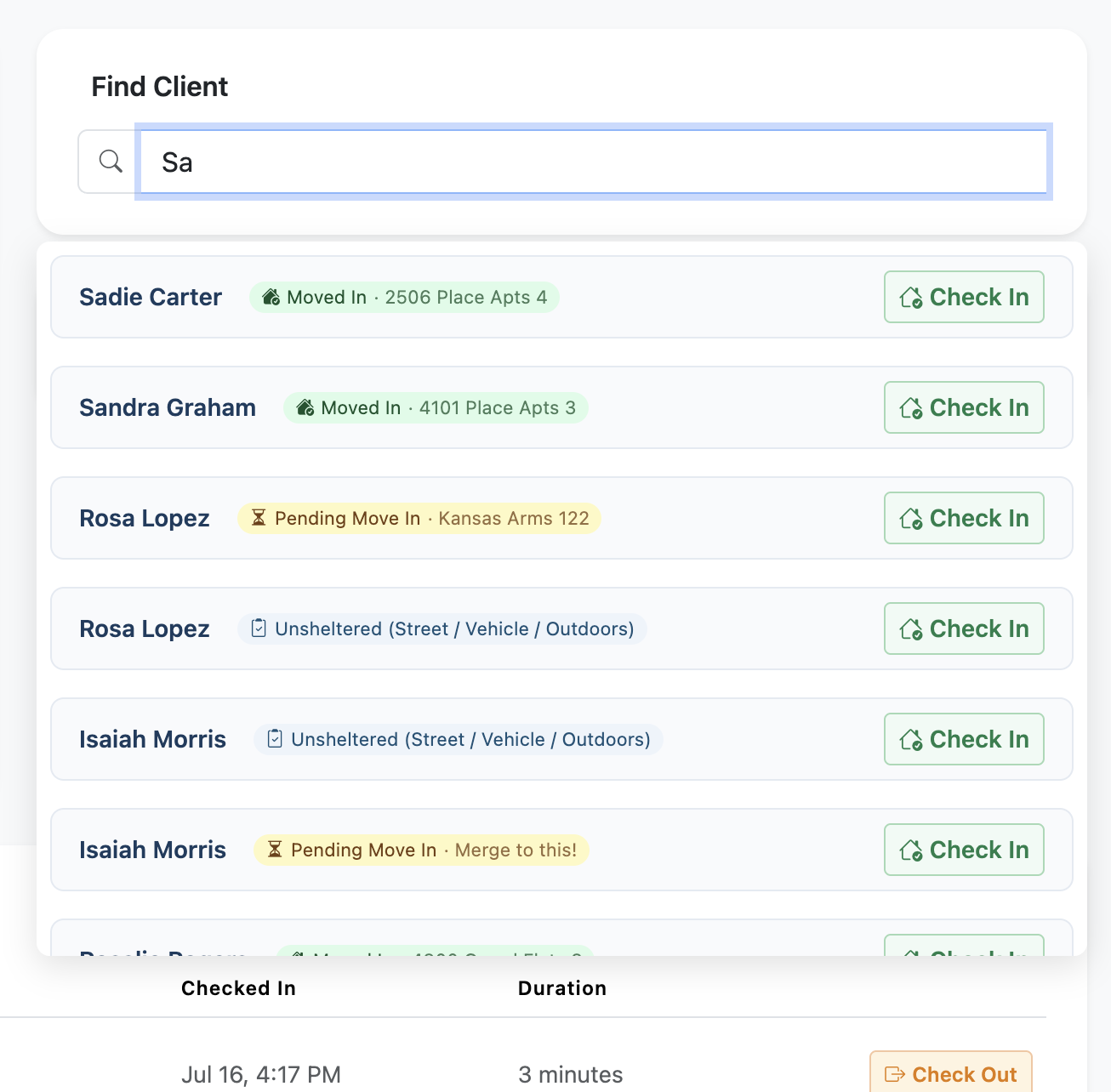 Shelter client search and check-in