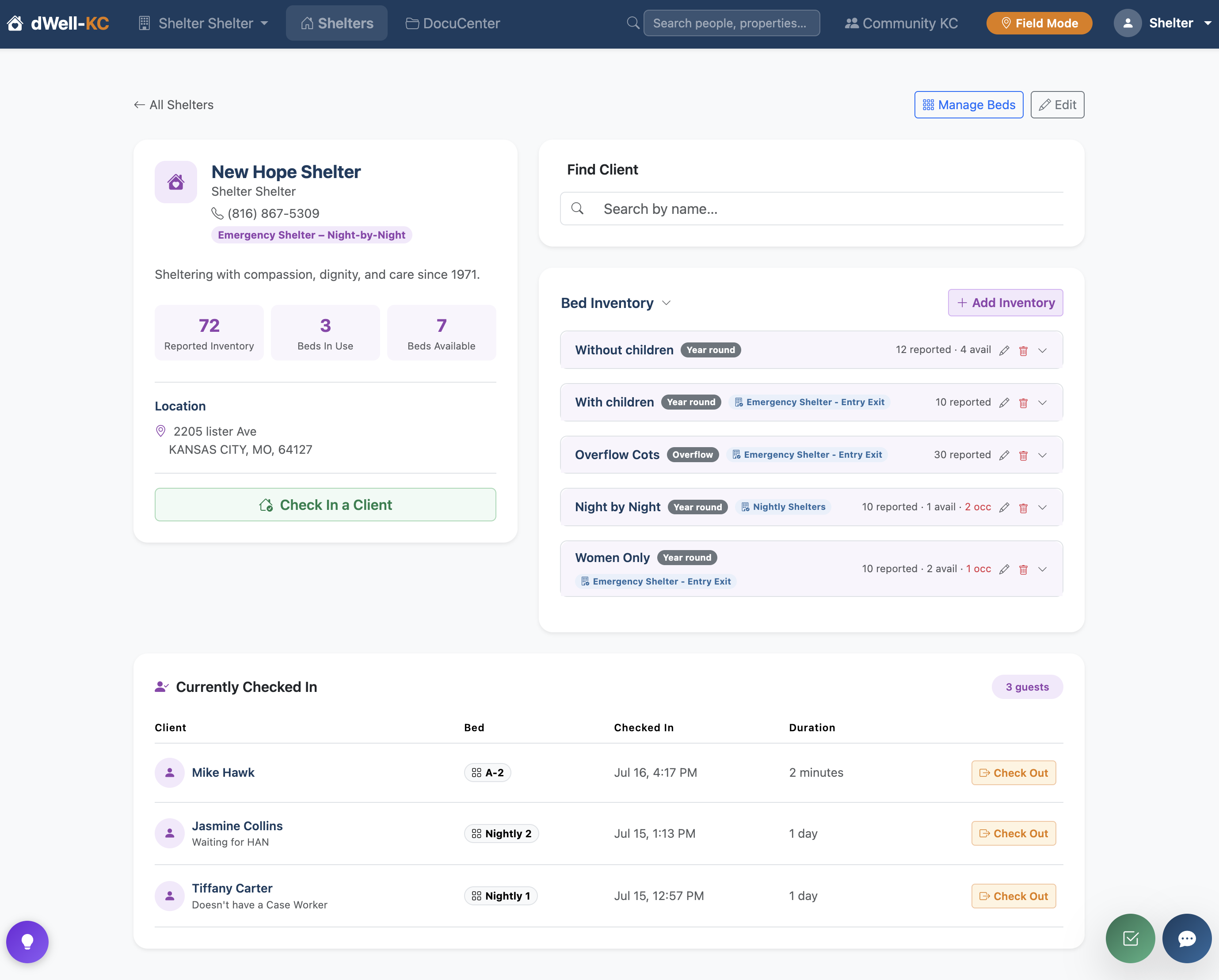 Shelter summary dashboard
